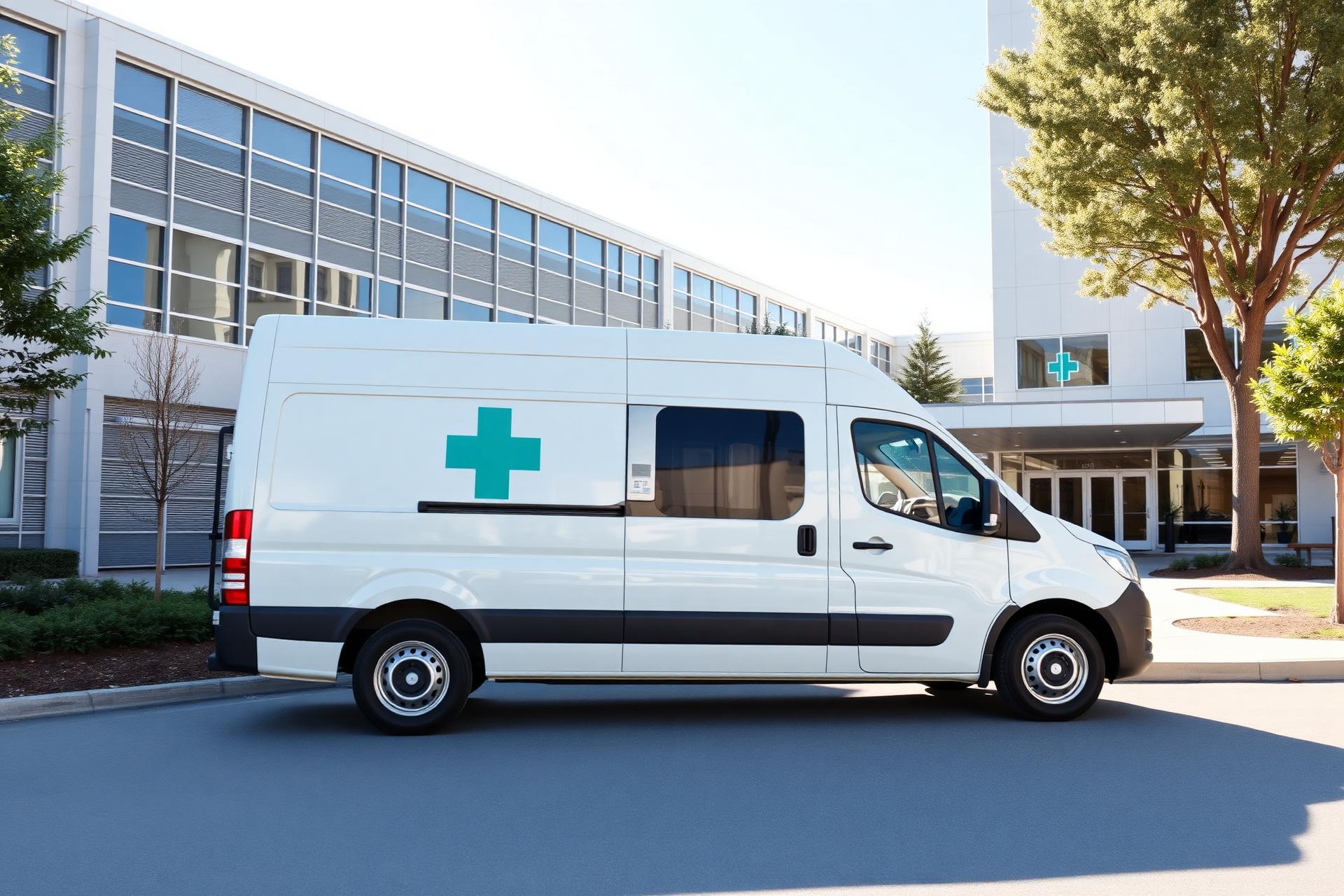 Medical courier vehicle in transit at dusk